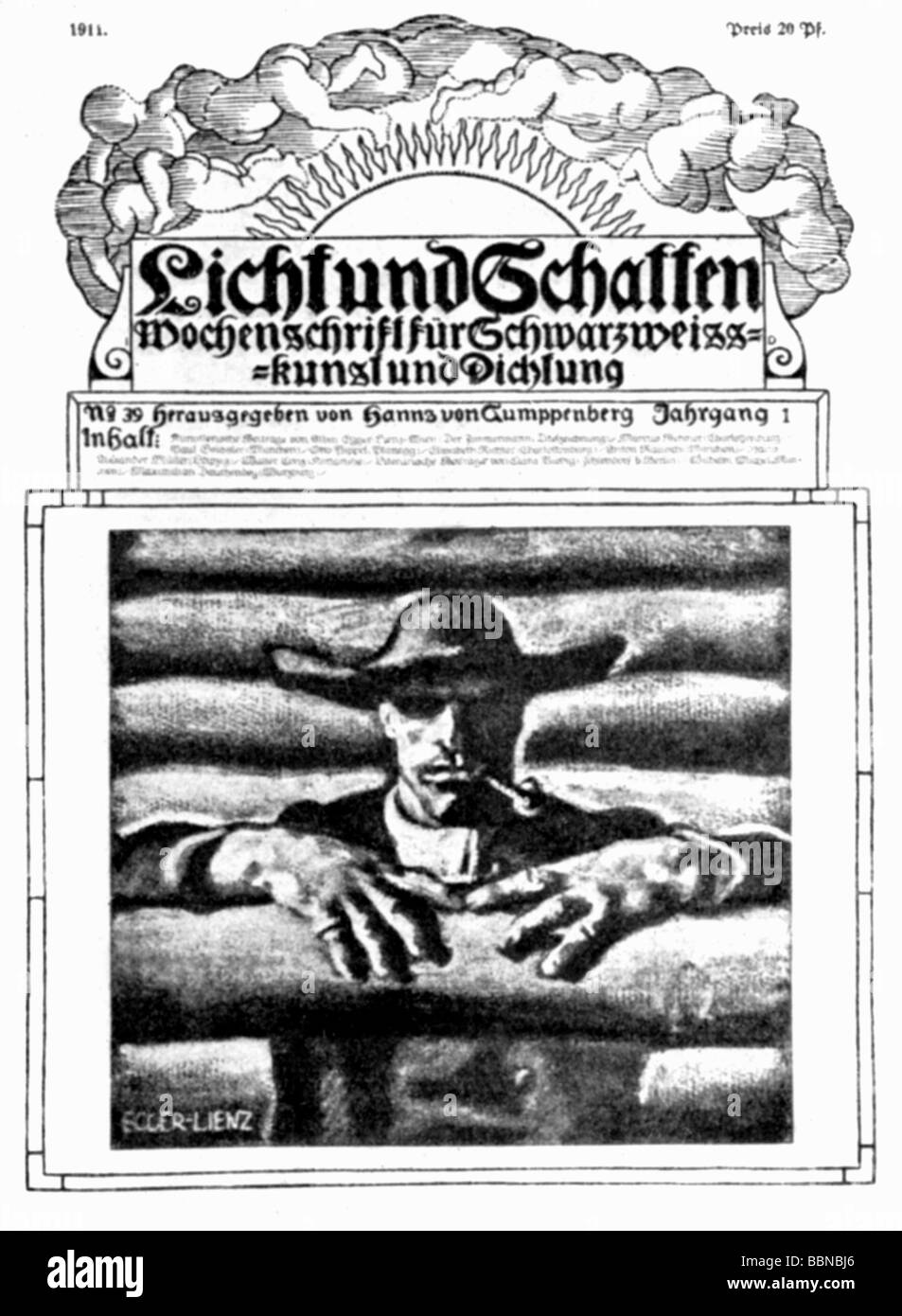 Gumppenberg, Hanns Freiherr von, 4.12.1866 - 29.3.1928, German author / writer, cover of his journal 'Licht und Schatten' (Light and Shade), drawing by A. Egger-Lienz, Stock Photo