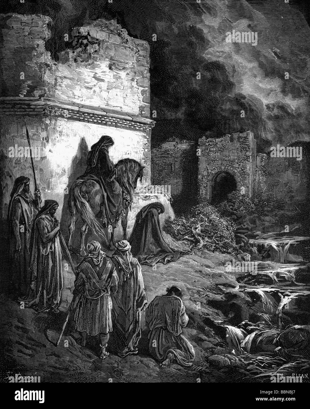 religion, Biblical Scenes, Nehemia and his fellows at the gates of Jerusalem, wood engraving by Gustave Doré, circa 1865, , Artist's Copyright has not to be cleared Stock Photo