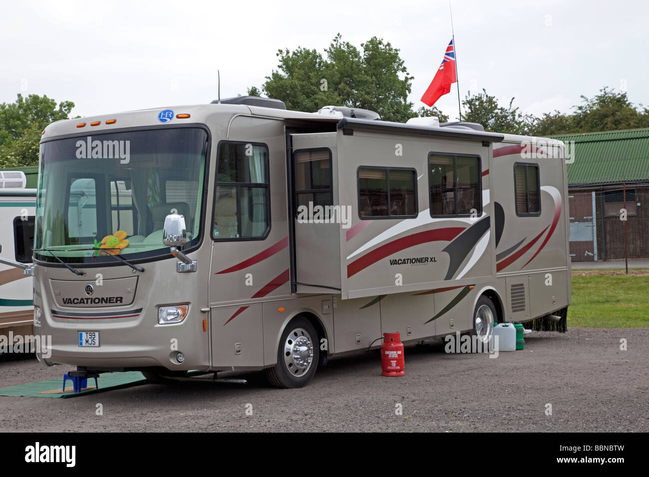 Vacationer RV motorhome with extending sides Stratford Racecourse UK Stock Photo