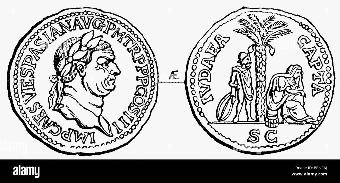Vespasian (Titus Flavius Vespasianus), 17.11.9 - 24.6.79, Roman Emperor 22.12.69 - 24.6.79, portrait, coin minted ti the victory over the Jews, 70 AD, front-side and reverse, wood engraving, 19th century, , Stock Photo