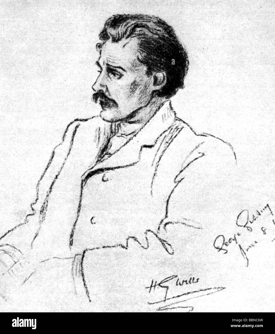 Gissing, George Robert, 22.11.1857 - 28.12.1903, British author / writer, portrait, drawing by H. G. Wells, 8.6.1901, Stock Photo