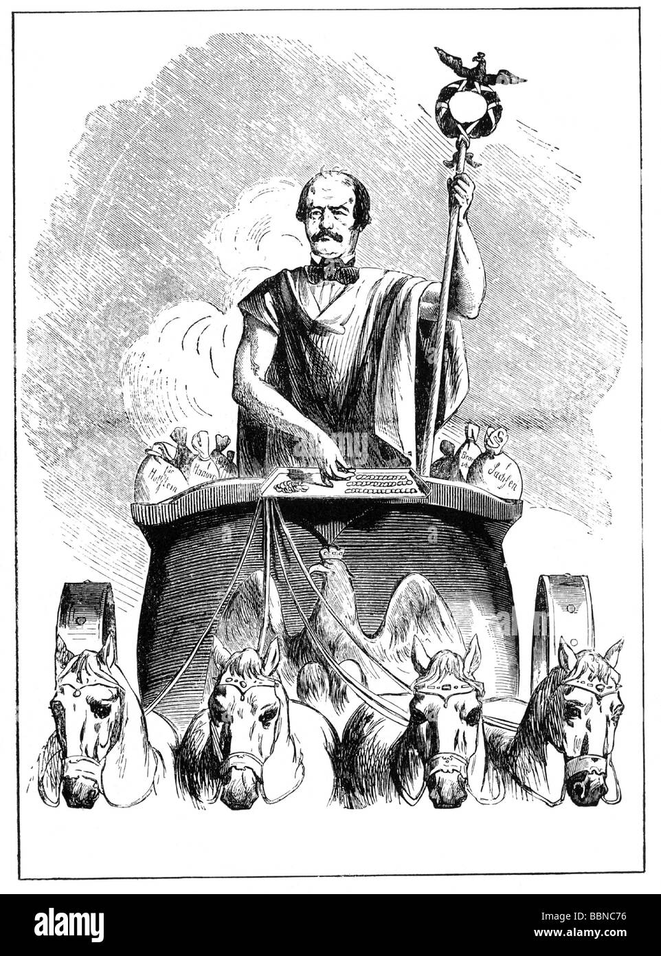 Bismarck, Otto von, 1.4.1815 - 30.7.1898, German politician, Prime Minister of Prussia 1862 - 1873, caricature as triumphator, Kladderadatsch, 1865, Stock Photo