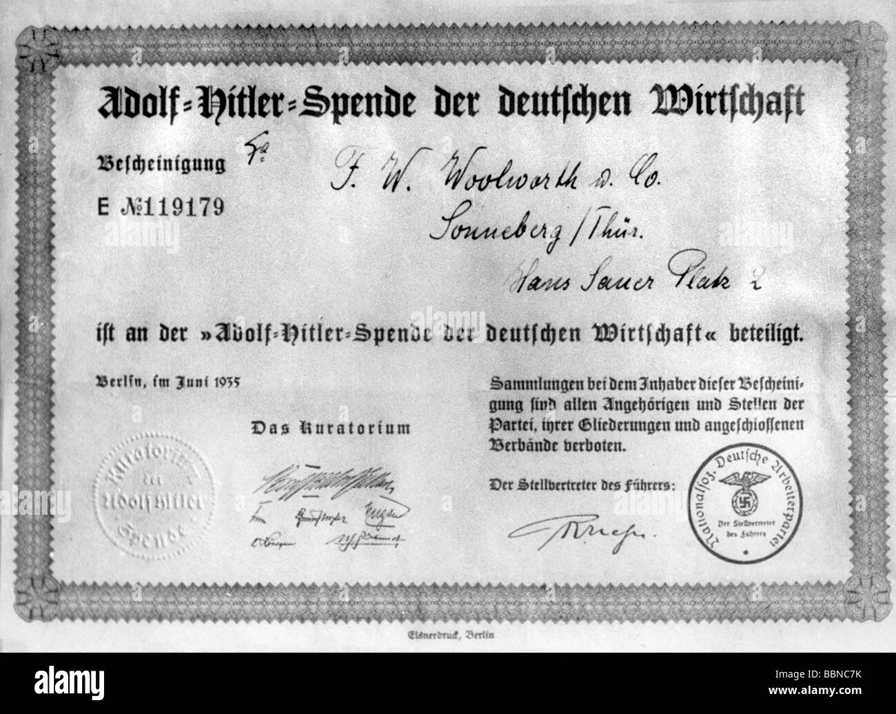 National Socialism, economy, 'Adolf-Hitler-Spende der deutschen Wirtschaft' (Adolf Hitler Donation of the German Industry', certificated to F. W. Woolworth Company, Sonneberg / Thuringia, Berlin, June 1935, Stock Photo