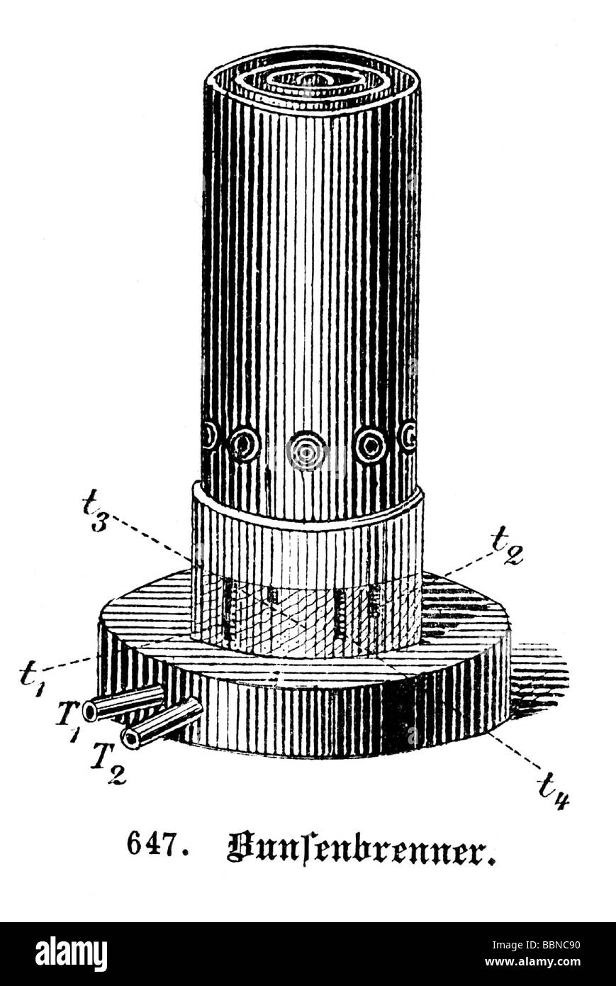 Bunsen, Robert Wilhelm  30.3. 1811 - 16.8.1899, German chemist, his work, physical example of a Bunsen burner, wood engraving, 1896, Stock Photo
