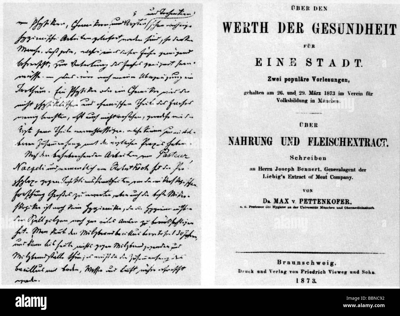 Pettenkofer, Max von, 3.12.1818 - 10.2.1901, German medic / physician ( hygienist), title of his book 'Werth der Gesundheit für eine Stadt', 1873, Stock Photo