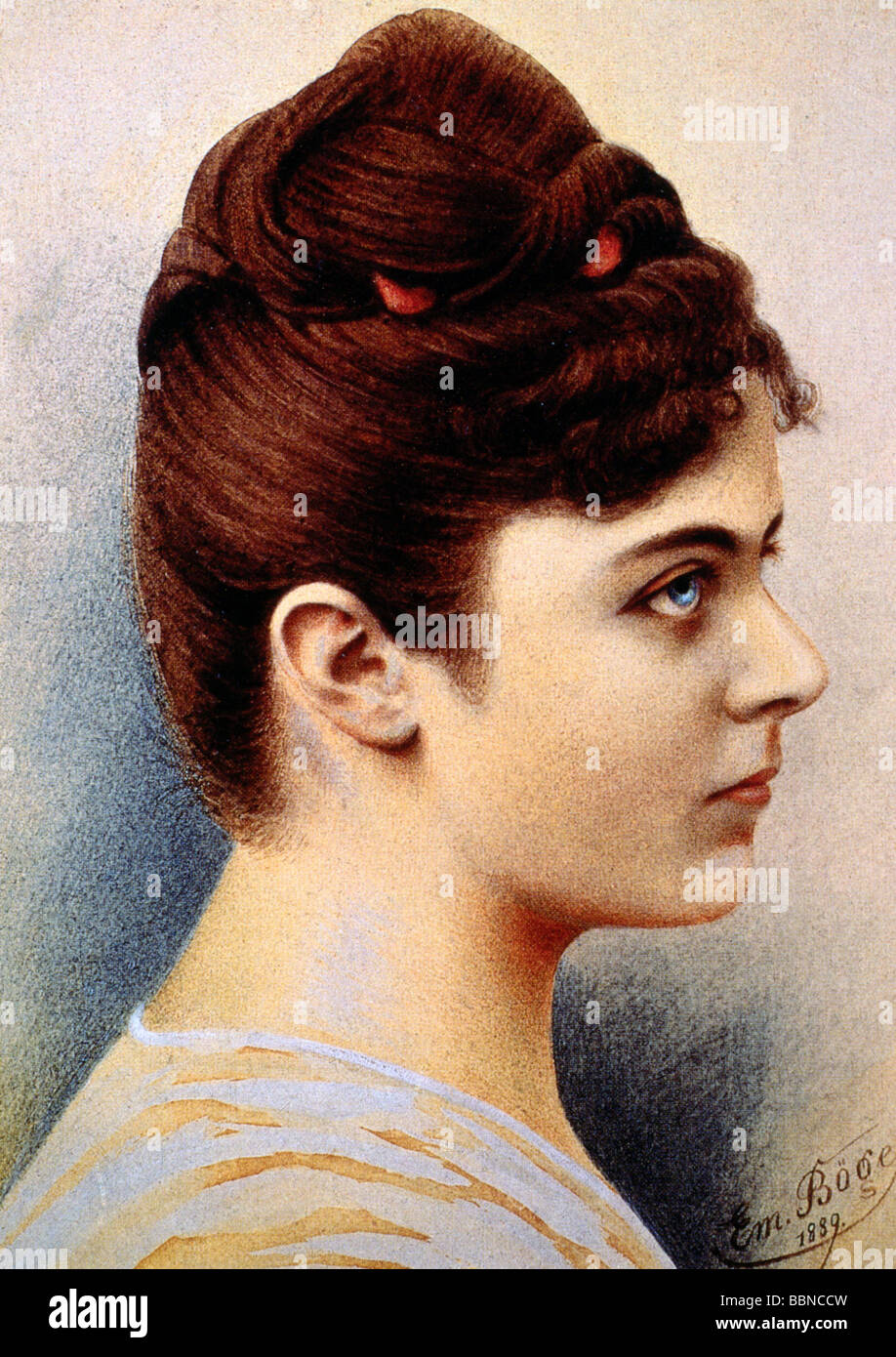 Vetsera, Mary von, 19.3.1871 - 30.1.1889, Austrian noblewoman, mistress of Crown Prince Rudolf of Austria, portrait, side face, after pastel by Em. Boeger, 1889, Stock Photo