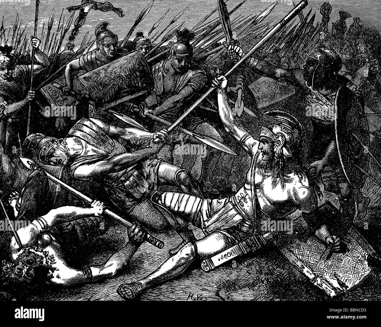 Spartacus, circa 109 - 71 BC, Thracian gladiator, his death in the Battle at the River Silarus, wood engraving, 19th century, Stock Photo