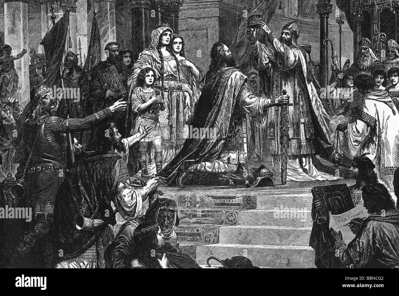 Charlemagne, 2.4.742 - 28.1.814, Roman Emperor 800 - 814, King of the Franks 768 - 814, coronation as emperor by Pope Leo III in Rome, wood engraving, 19th century, Stock Photo