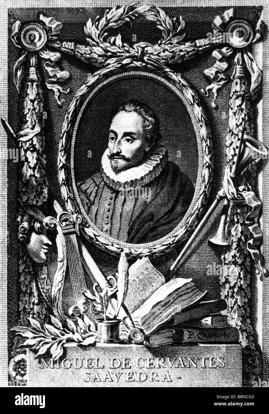 Cervantes, Miguel de, 29.9.1547 - 23.4.1616, Spanish author / writer (poet, novelist), portrait, copper engraving, 17th century, Artist's Copyright has not to be cleared Stock Photo