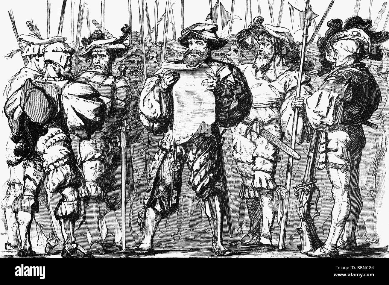 Frundsberg, Georg von, 24.9. 1473 - 30.8.1528, German leader of lansquenets, full length, during reading of a scripture in front of his warriors, after copper engraving, engraving, 1875, Artist's Copyright has not to be cleared Stock Photo