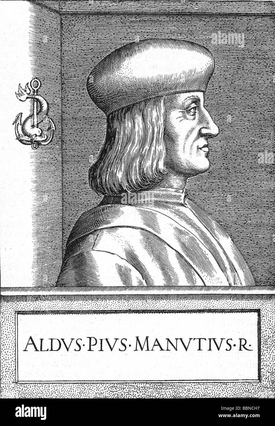 Manutius, Aldus, the Elder, 1449 - 6.2.1515, Italian printer, portrait, side face, after contemporary copper engraving, wood engraving, 19th century, Artist's Copyright has not to be cleared Stock Photo