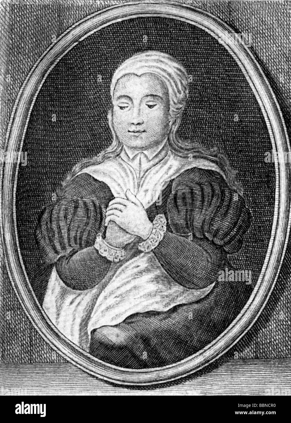 Morata, Olympia Fulvia, 1526 - 26.10.1555, German humanist of Renaissance and baroque period, half length, wood engraving after contemporary copper engraving, Artist's Copyright has not to be cleared Stock Photo