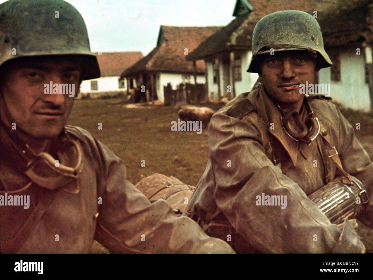 events, Second World War / WWII, Russia 1942 / 1943, Nogai Steppe, two German dispatch riders in a Russian village, August 1942, Stock Photo
