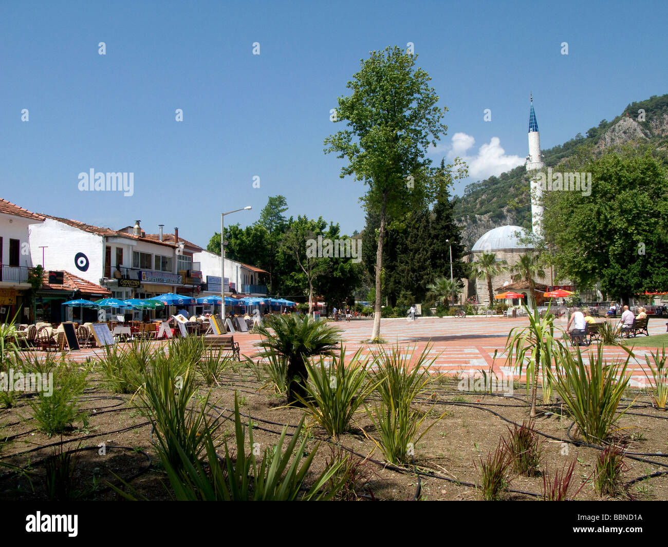 Dalyan Town Square and Mosque, Dalyan, Turkey Stock Photo