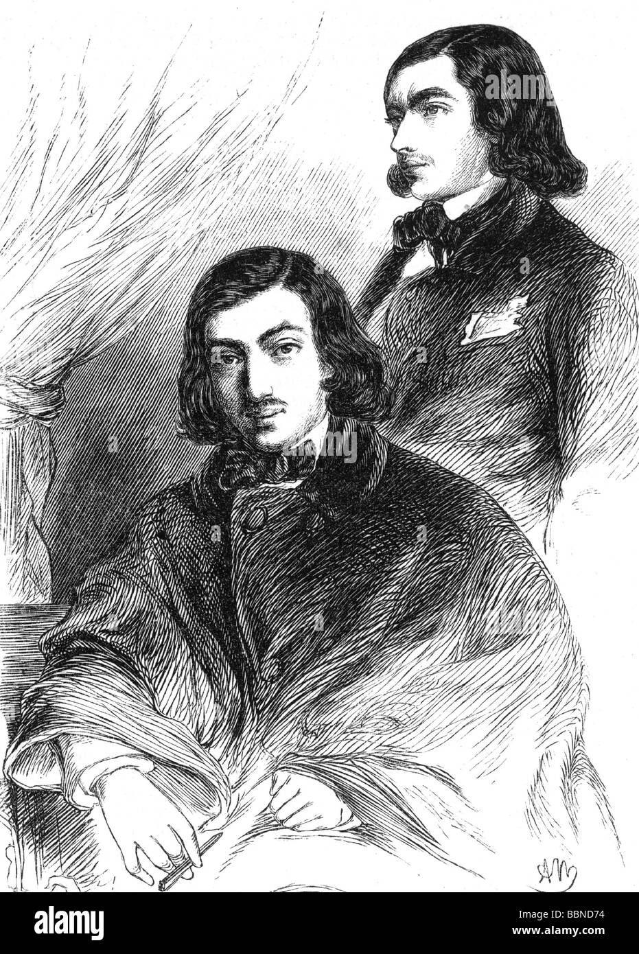 Wieniawski, Henryk, 10.7.1835 - 31.3.1880, Polish composer, violinist, half length, with his brother Joseph, wood engraving, published in 1854, , Stock Photo