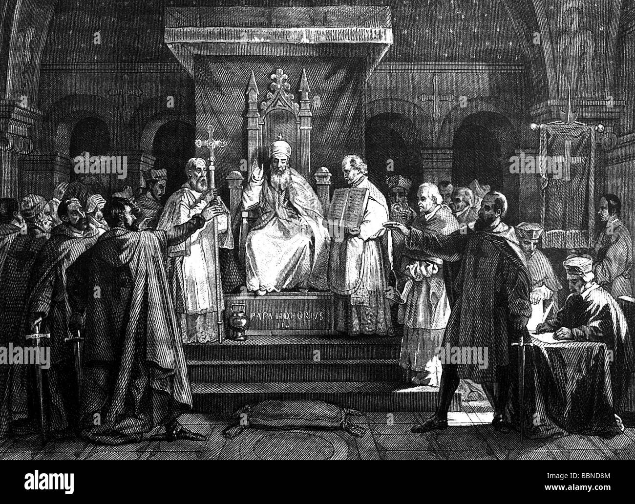 Honorius II (Lamberto Scannabecchi), + 13.2.1130, pope 15.12.1124 - 13.2.1130, full length, confirming the reglement of the Order of the Temple, 1128, steel engraving by L. Massard, Artist's Copyright has not to be cleared Stock Photo