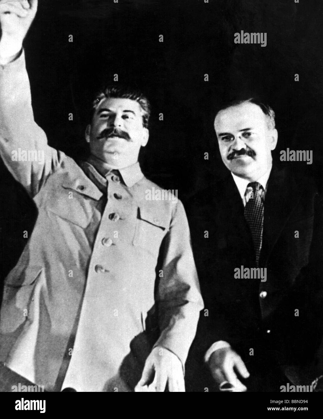 Stalin, Joseph Vissarionovich, 18.12.1879 - 5.3.1953, Soviet statesman, General Secretary of the Communist Party of the Soviet Union 1922 - 1953, with Vyacheslav Molotov, Chairman of the Council of People's Commissars, 1935, half length, Stock Photo