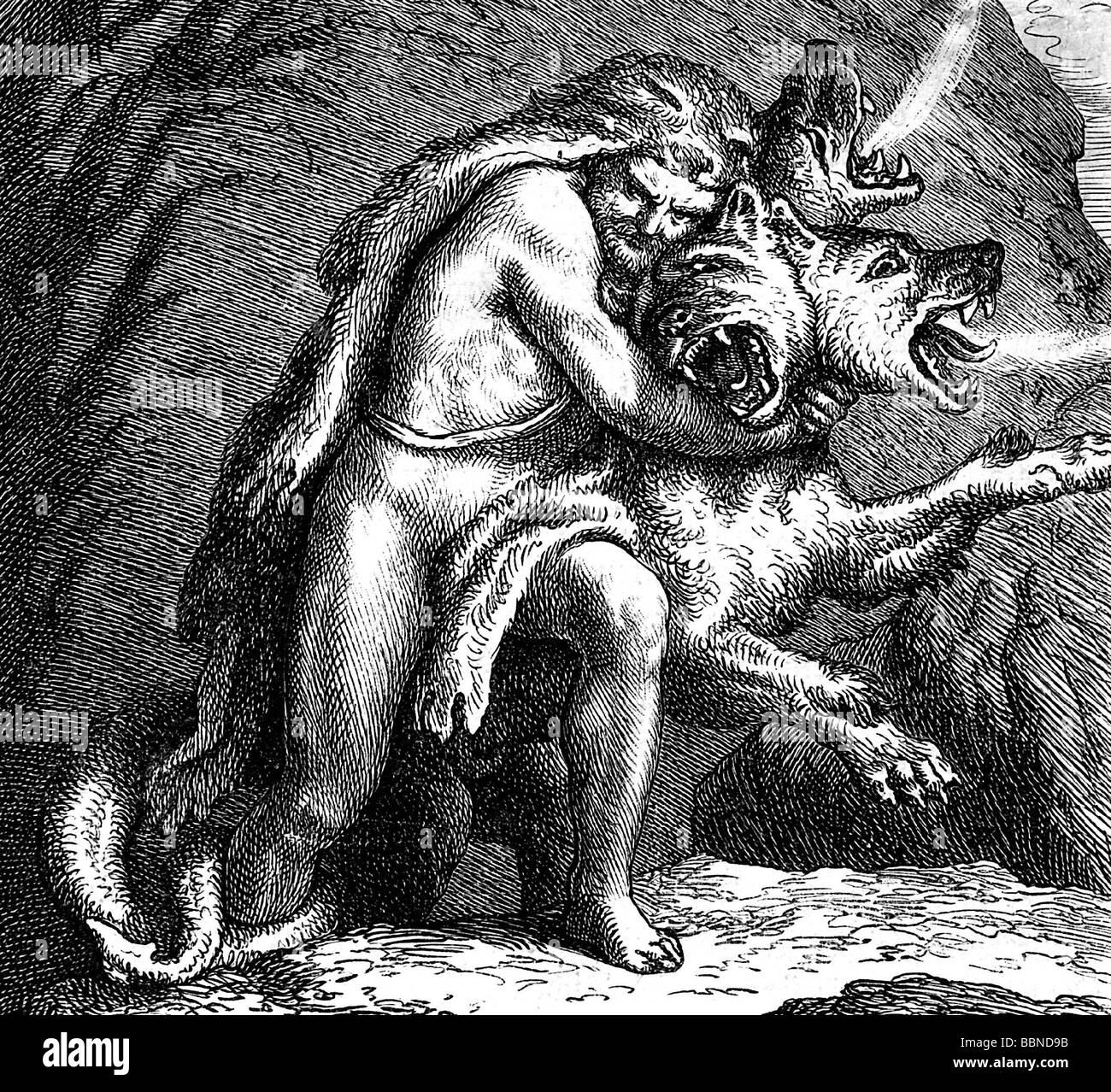 Heracles, Greek deity and divine hero, half length, with Cerberos, woodcut, 1876, Stock Photo