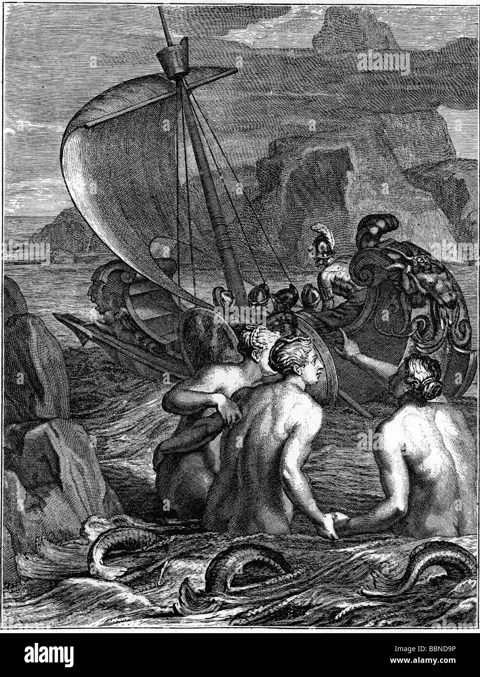 Odysseus (Ulysses), Greek king of Ithaca and hero, passing the Sirens, print after engraving by Bernard Picart, Stock Photo