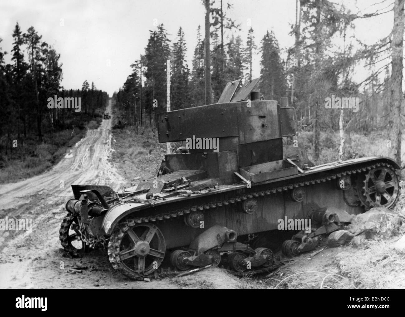events, Second World War / WWII, Finland, knocked out Soviet light tank T-26, probably 1941, tanks, 20th century, destroyed, USSR, Soviet Union, Russia, destruction, wreck, T 26, T26, historic, historical, Continuation War 1941 - 1944, 1940s, Stock Photo