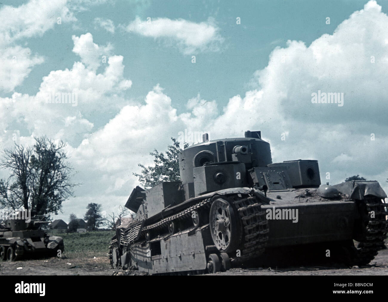 events, Second World War / WWII, Russia 1941, destroyed Soviet tanks, in the foreground a medium tank T-28, behind it a BT-7 fast tank, summer 1941, Stock Photo