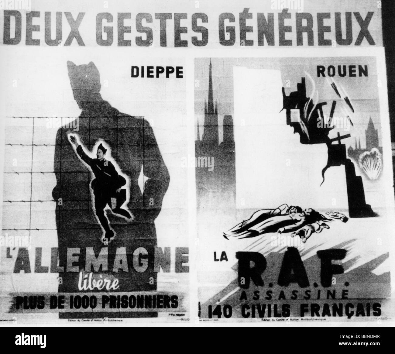 events, Second World War / WWII, propaganda, poster for the occupied France, 'Deux gestes genereux' (Two generous gestures), Germany, second half 1942, Stock Photo