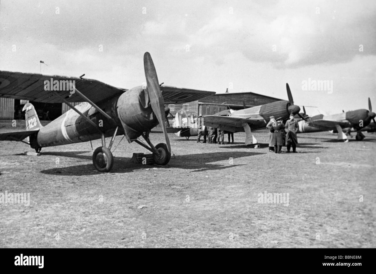 events, Second World War / WWII, aerial warfare, aircraft, an airfield of the Rumanian Air Force during the Balkans Campaign or the war against the Soviet Union, 1941, in the foreground a fighter PZL 11 (Polish origin), in the background two IAR-80 fighter planes, Stock Photo