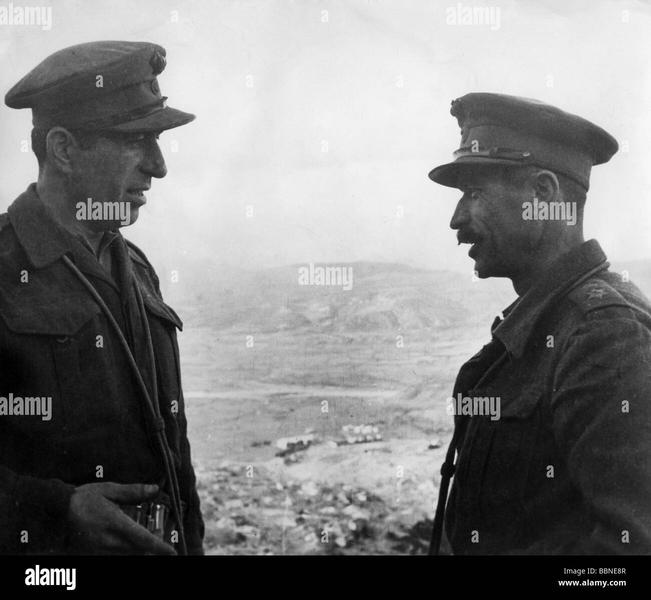 geography / travel, Greece, politics, Greek Civil War 1946 - 1949, two officers after the fightings at Konitsa, late 1947 / early 1948, 20th century, historic, historical, Europe, military, officer, Konica, uniform, uniforms, peaked cap, caps, Greek Army, battle, people, 1940s, Stock Photo