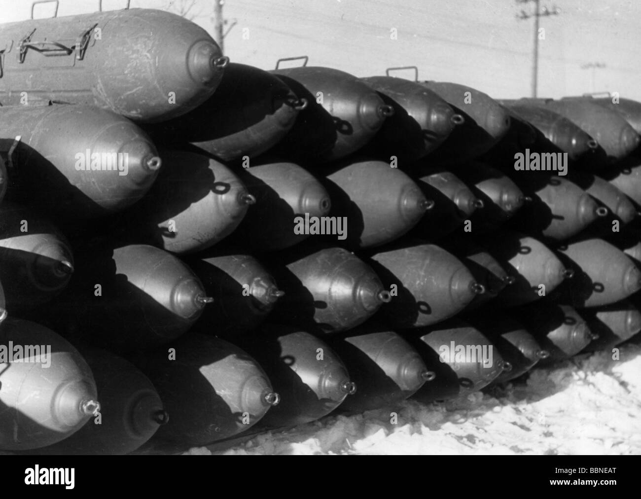 events, Second World War / WWII, aerial warfare, bombs / bombings, stack of German aerial delivery units, Stalino, Russia, February 1943, Stock Photo