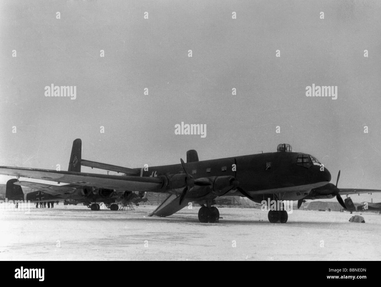 events, Second World War / WWII, aerial warfare, aircraft, German transport aircraft Junkers Ju 290, Southern Germany, 11.2.1943, in the background a Focke-Wulf Fw 200 'Condor', Stock Photo