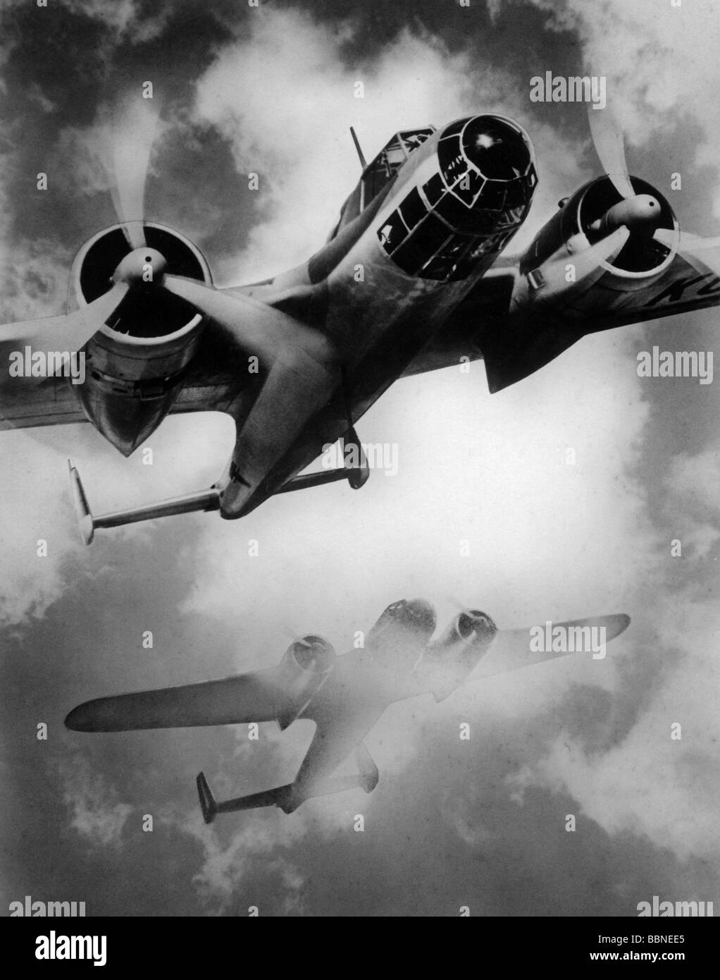 events, Second World War / WWII, aerial warfare, aircraft, German bombers Dornier Do 17 in flight, photo postcard, Germany, circa 1939, Do-17, Do17, bomber, flying, 20th century, historic, historical, Luftwaffe, Wehrmacht, Germany, Third Reich, plane, planes, clouds, postcards, 1930s, Stock Photo