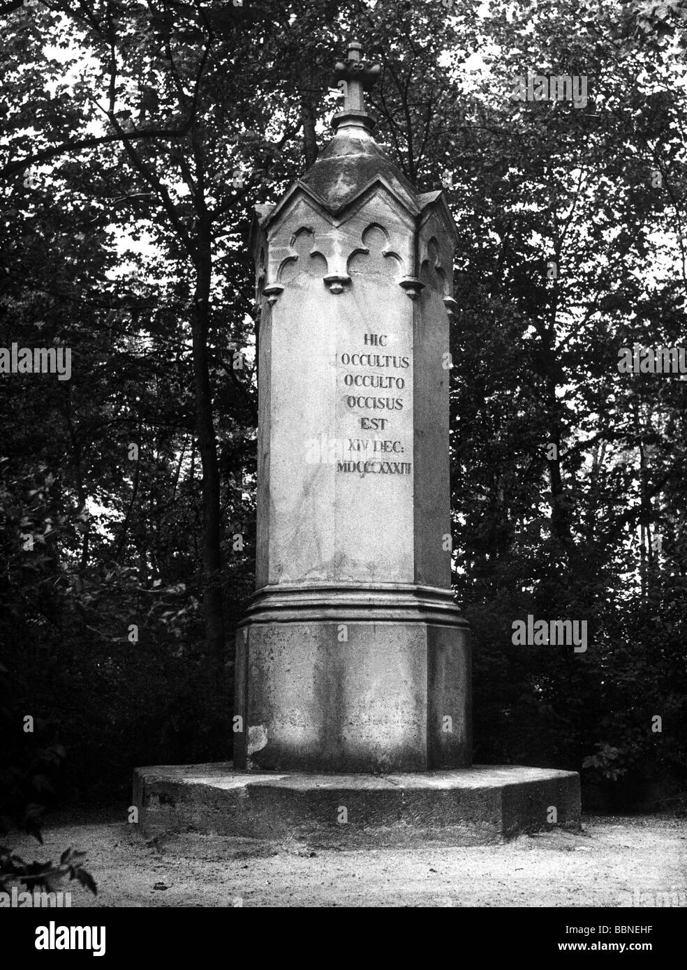 Hauser, Kaspar, 30.4.1812 - 17.12.1833, German foundling, memorial in court garden of Ansbach, Stock Photo
