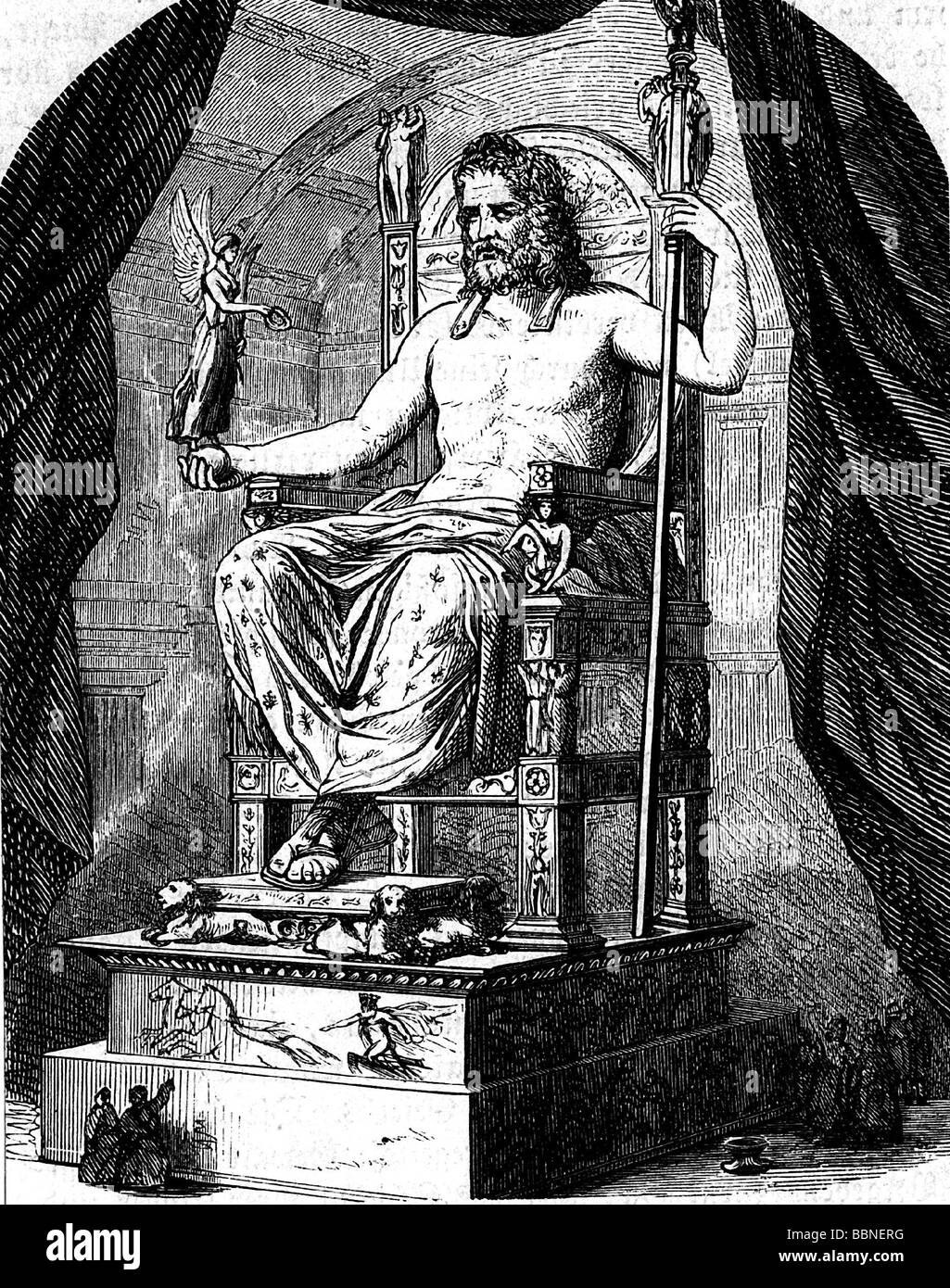 Zeus (Latin: Jupiter), Greek 'divine king', leader of gods, god of sky and thunder, temple of Zeus, Statue of Zeus at Olympia (reconstruction), wood engraving, 19th century, full length, Stock Photo