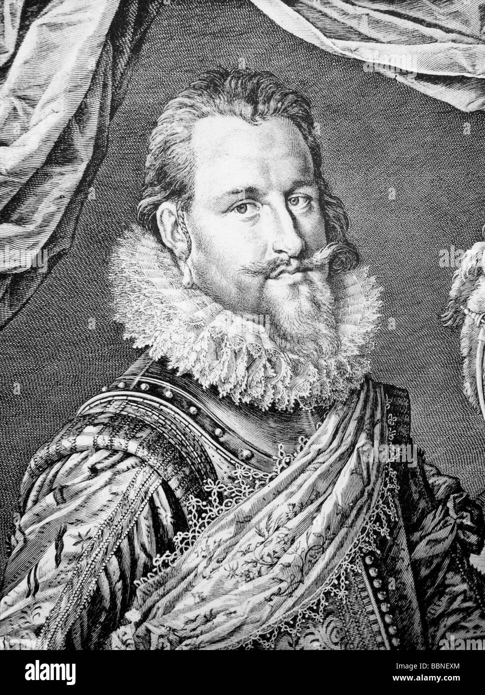 Christian IV., 12.4.1577 - 28.2.1648, King of Denmark since 1588, half length, copper engraving after Jan Müller, 1625, after painting by Peter Isaaks, detail, Artist's Copyright has not to be cleared Stock Photo