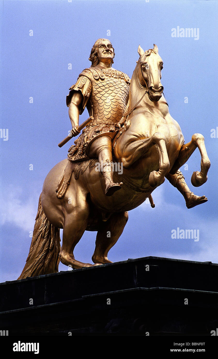 Frederick Augustus I 'the Strong', 12.5.1670 - 1.2.1733, Elector of Saxony since 27.4.1694, King of Poland since 15.9.1697, equestrian sculpture, 'The Golden Rider', Dresden - Neustadt, Stock Photo