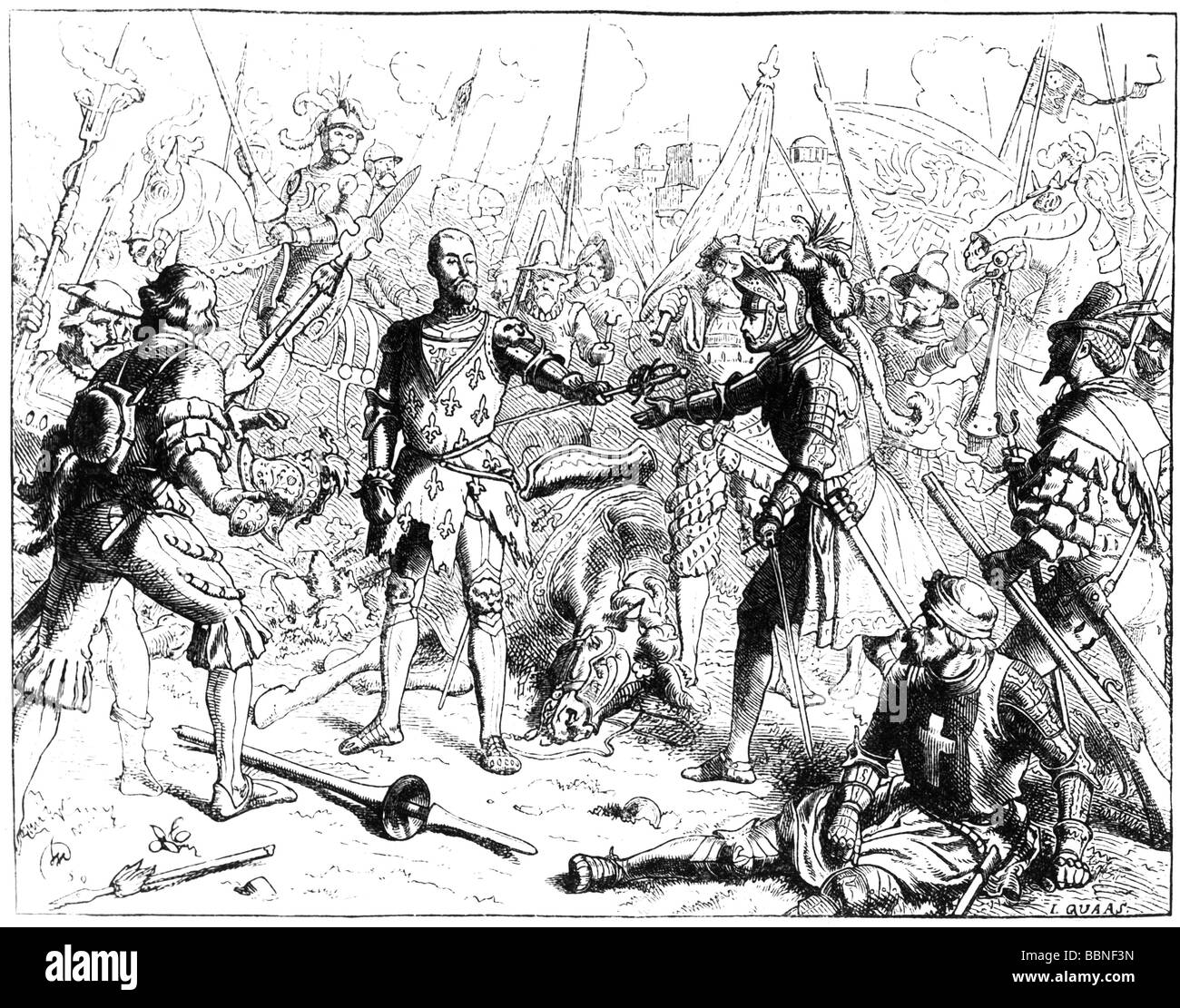 Francis I, 12.9.1494 - 31.3.1547, King of France 1.1.1515 - 31.3.1547, captured on the Battle of Pavia, 24.2.1525, wood engraving after drawing by Wilhelm Camphausen, 1859, , Stock Photo