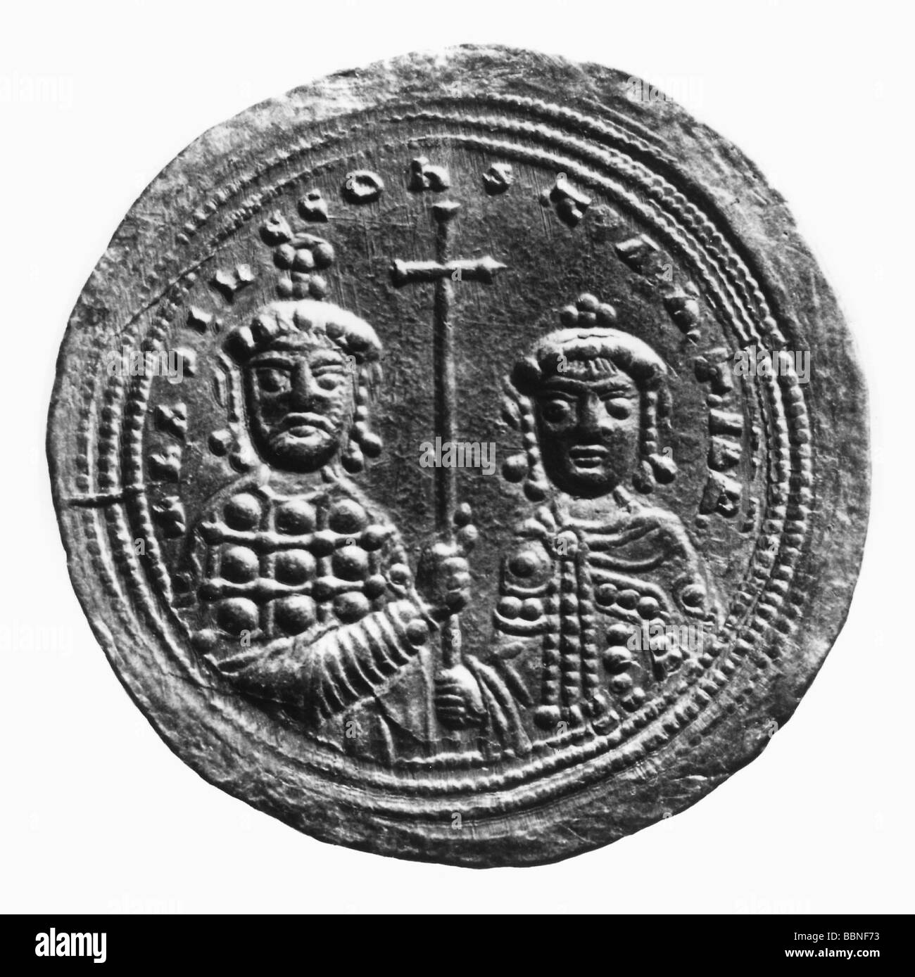 Basileios II, circa 956 - 15.12.1025, East Roman Emperor from 963, with brother Constantine VIII (circa 960 - 11.11.1028), portrait, coin, Stock Photo