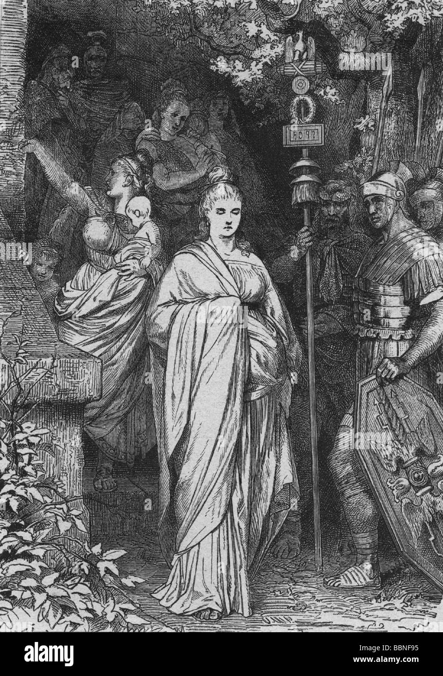 Thusnelda, circa 10 BC - 17 AD, wife of Arminius, captured by the Romans, wood engraving, 19th century, , Stock Photo