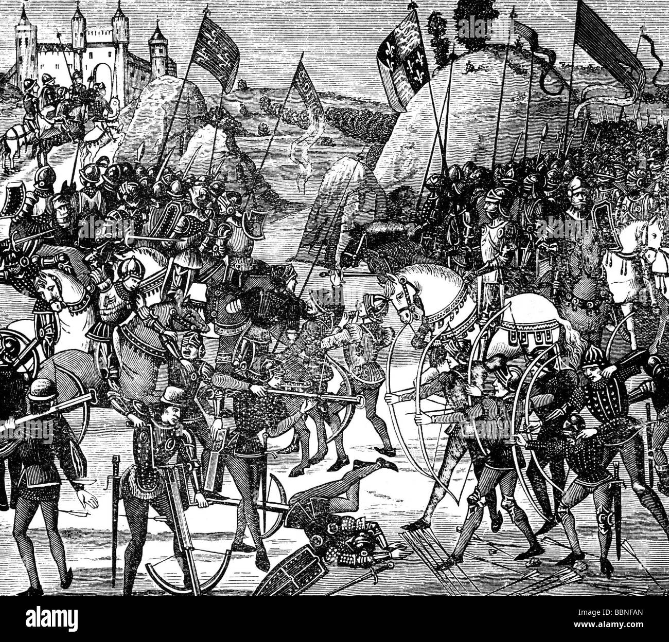 events, Hundred Years' War 1337 - 1453, Battle of Crecy, 26.8.1346, Chronicles of Jean Froissart, 14th century, Paris National Library, wood engraving, 19th century, middle ages, English, French, England, France, kinghts, archrs, crossbowmen, longbow, mediaeval warfare, crossbow, historic, historical, medieval, people, Stock Photo