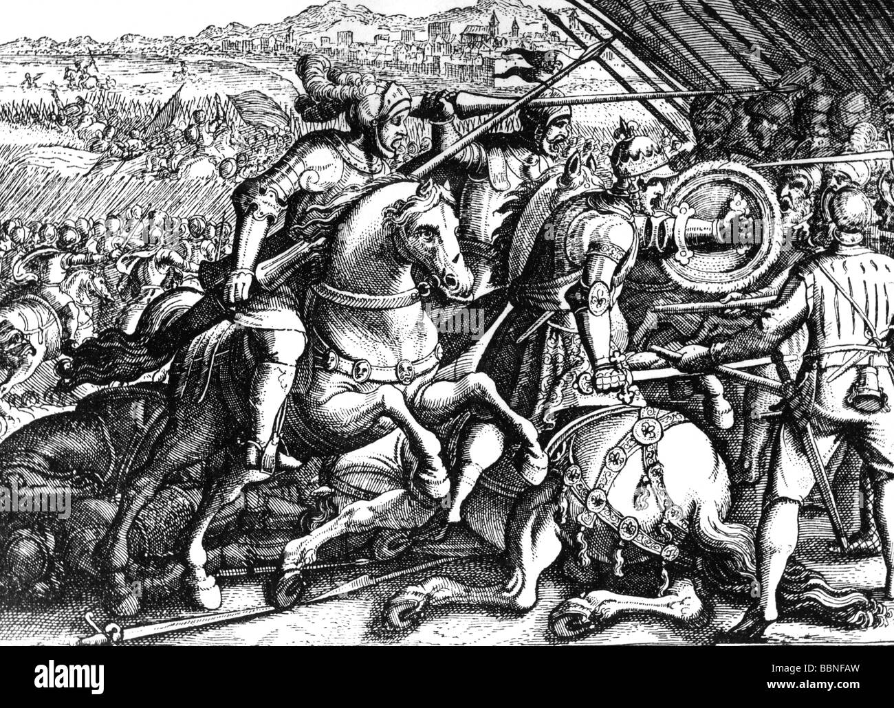 Francis I, 12.9.1494 - 31.3.1547, King of France 1.1.1515 - 31.3.1547, captured on the Battle of Pavia, 24.2.1525, copper engraving by Matthaeus Marian, 17th century, , Artist's Copyright has not to be cleared Stock Photo