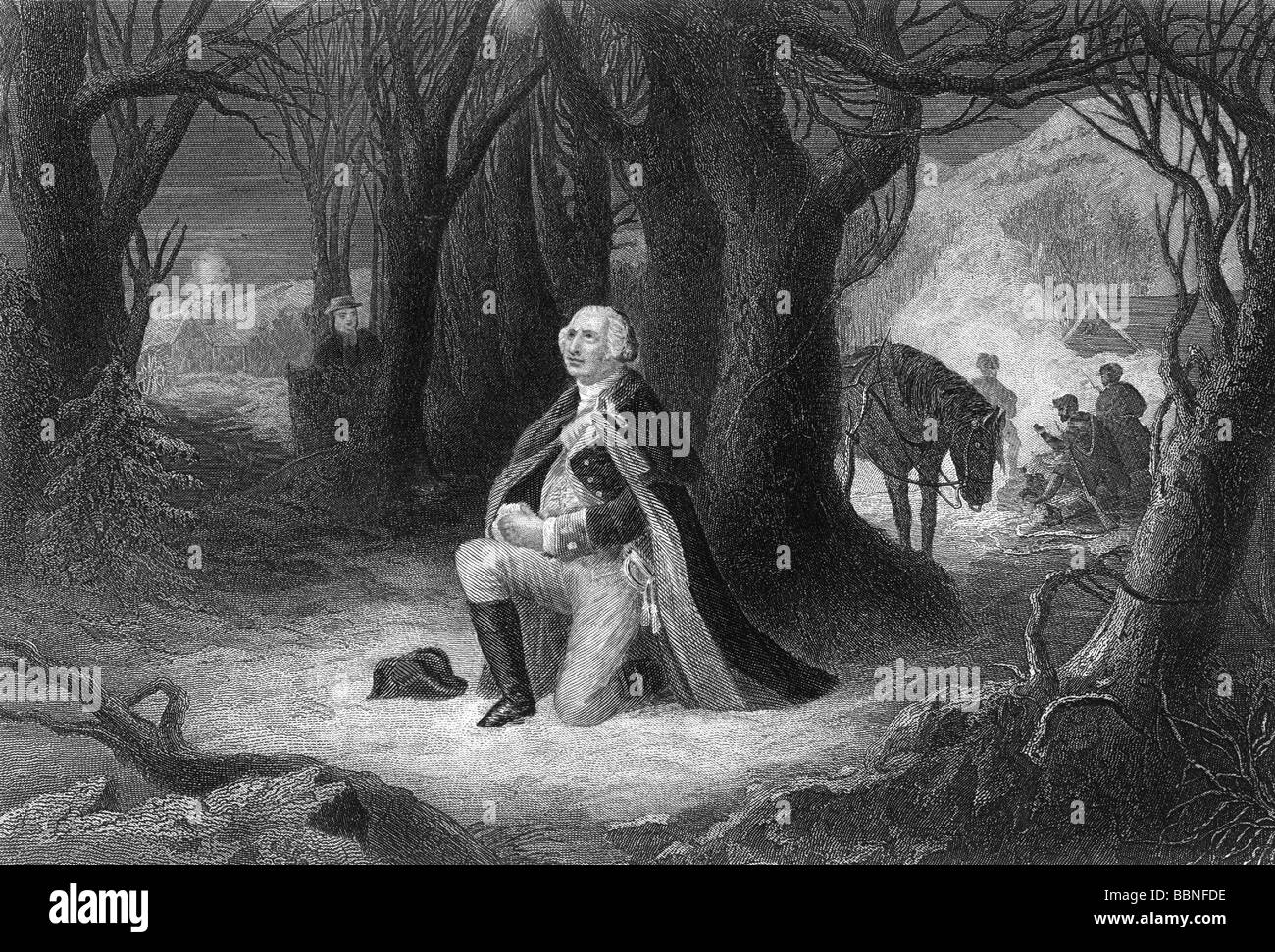 Washington, George, 22.2.1732 - 14.12.1799, US General, 1st President of the USA, half length, praying at Valley Forge, winter 1777/1778, steel engraving after painting, Artist's Copyright has not to be cleared Stock Photo