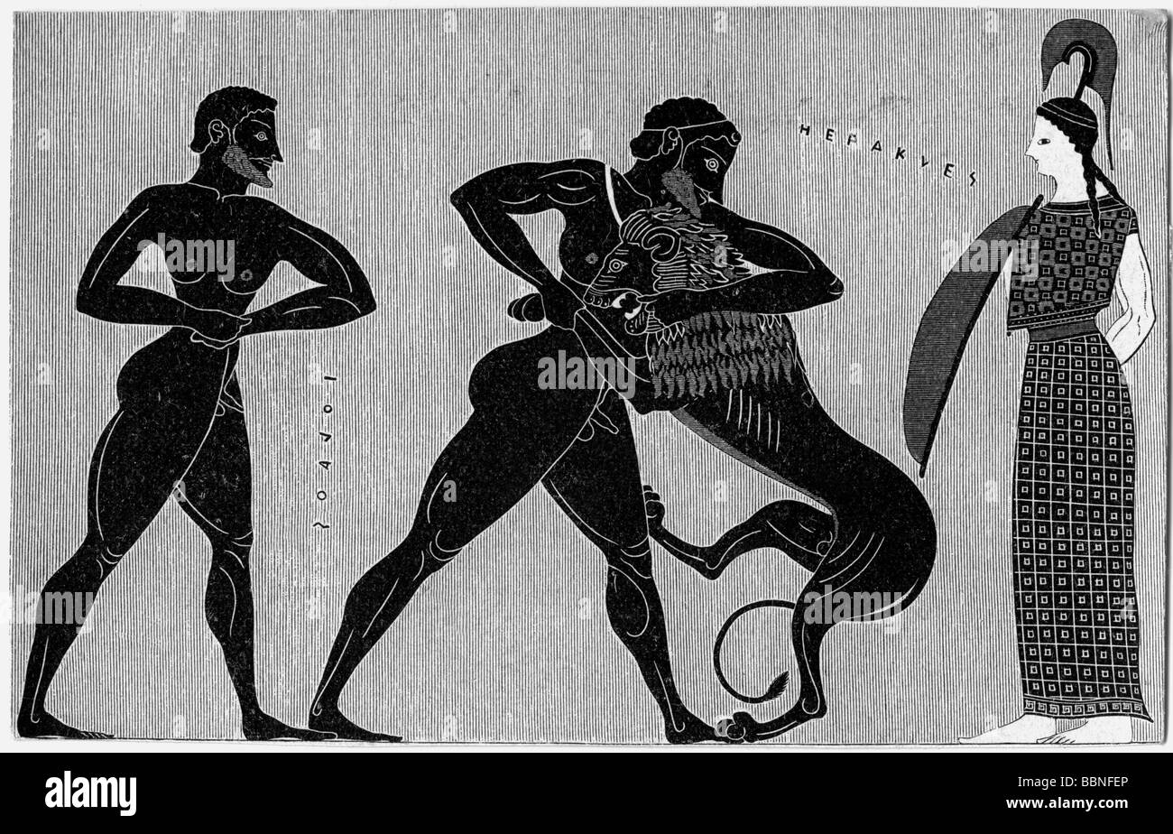 Heracles, Greek deity and divine hero, full length, fighting with Nemean Lion, statue, wood engraving, , Stock Photo