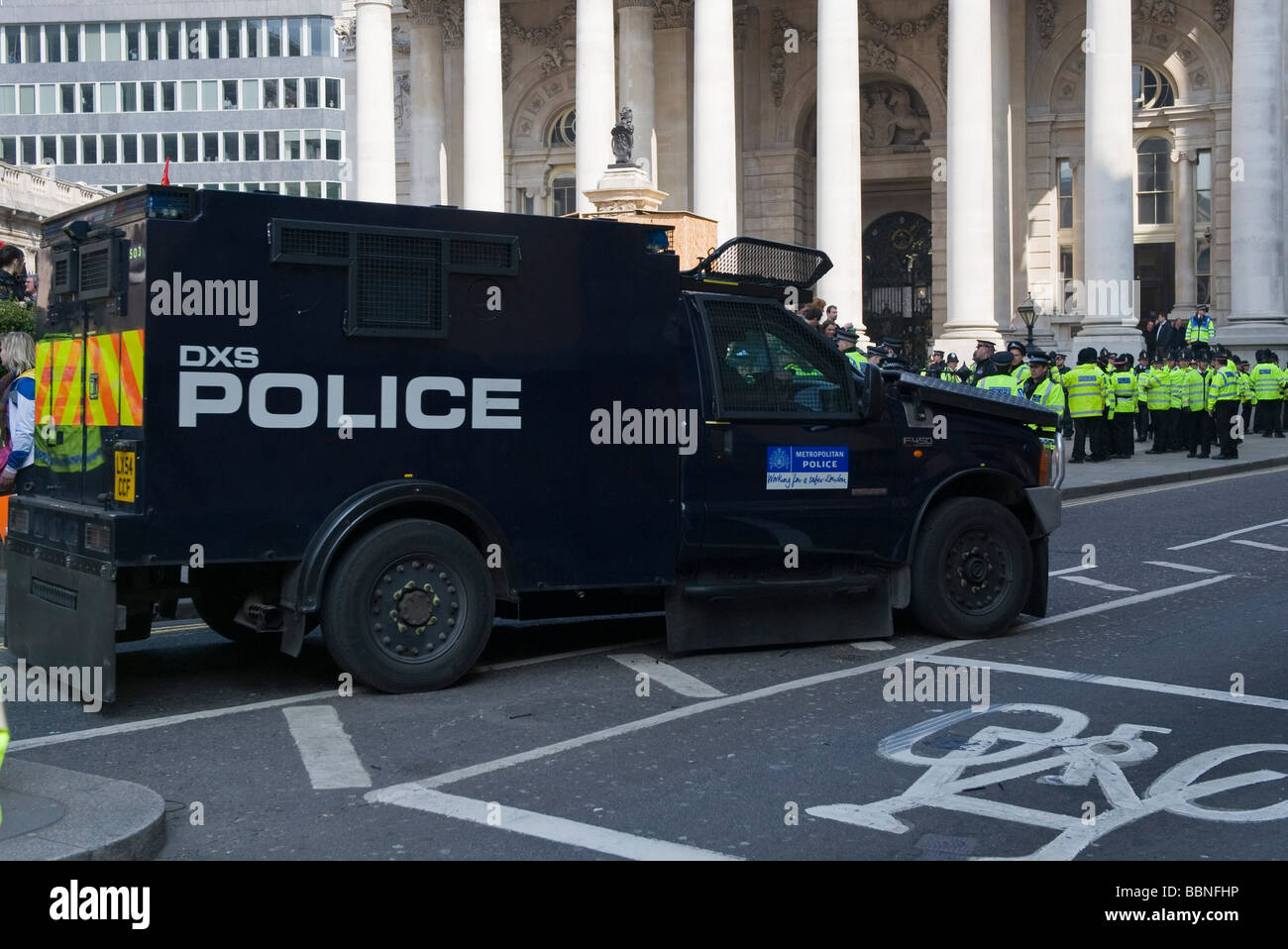 Police armeoured vehice at the protest in the City of London ahead of ...