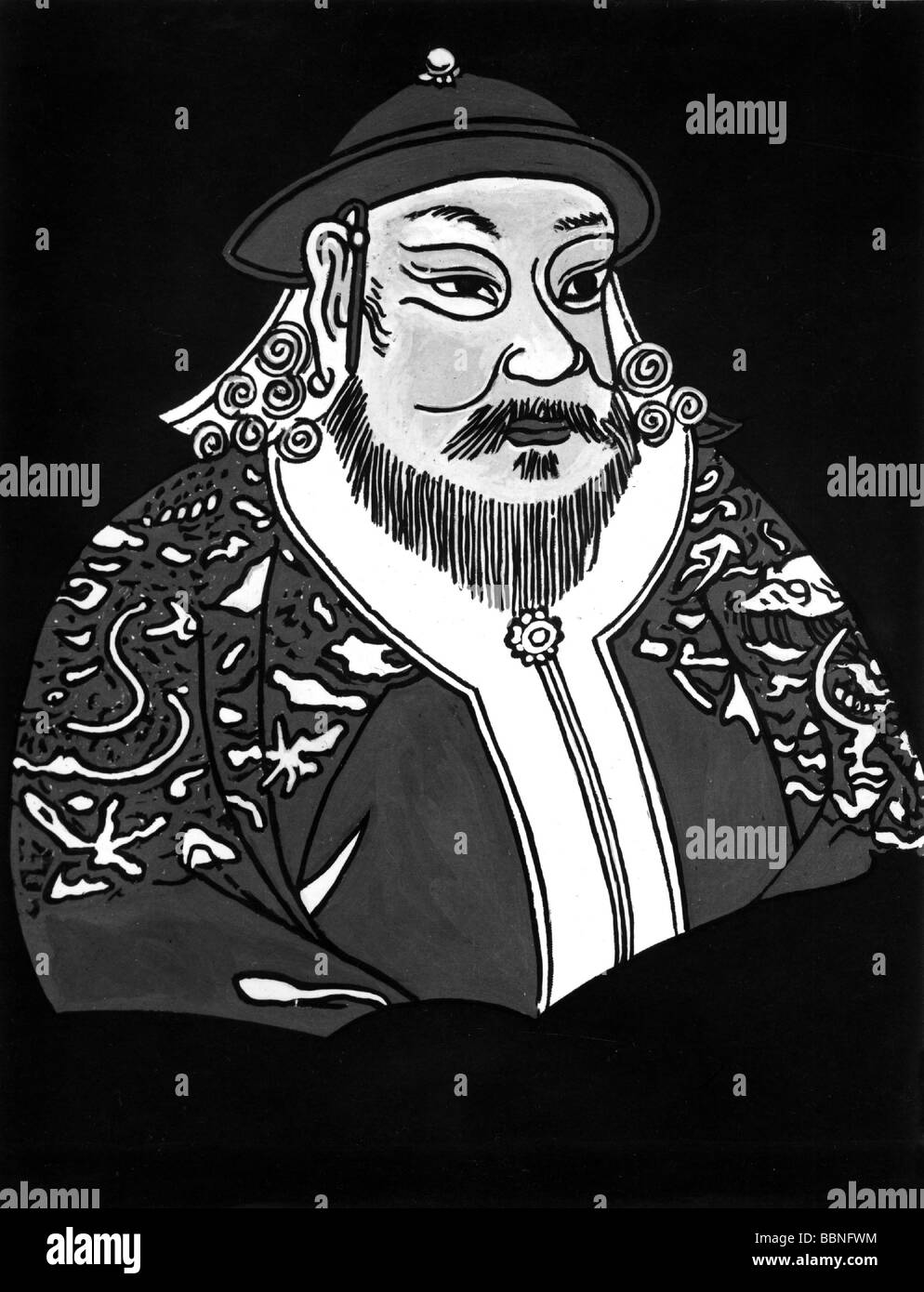 Kublai Khan, 23.9.1215 - 18.2.1294, Great Khan of the Mongol Empire, portrait, as Emperor of Yuan China, Chinese print, Stock Photo