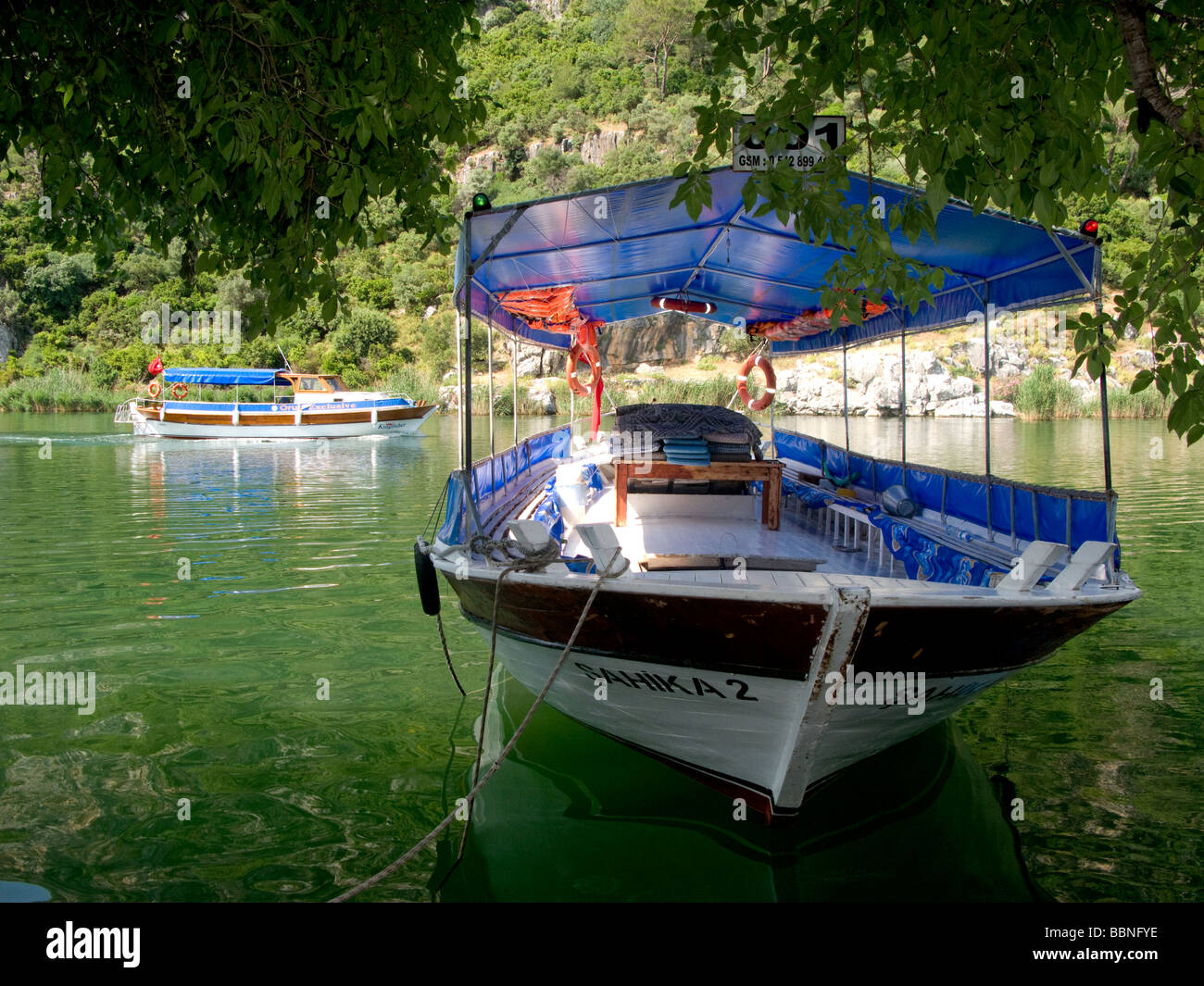 Pleasure Boat on the River at Dalyan, Turkey Stock Photo