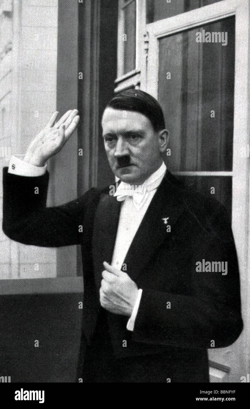 Hitler, Adolf, 20.4.1889 - 30.4.1945, German politician (NSDAP), Fuehrer and Reich Chancellor since 1933, halfl length, saluting, during new year`s reception 1936, Stock Photo