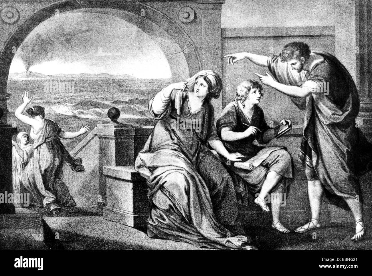 Plinius Secundus, Gaius (Pliny the Elder), circa 23 - 25.8.79, Roman officer and scholar, full length, calling the attention of his nephew Pliny the Younger to the outbreak of Mount Vesuvius, Misenum, 24.8.79, copper engraving by Thomas Burke, 1794, Artist's Copyright has not to be cleared Stock Photo