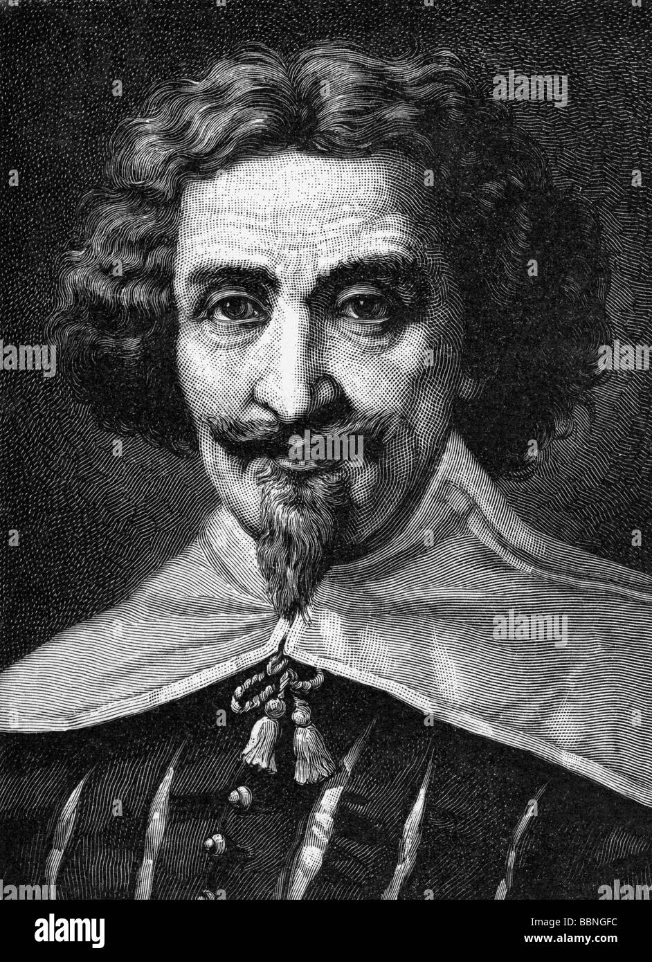 Cervantes, Miguel de, 29.9.1547 - 23.4.1616, Spanish author / writer (poet, novelist), portrait, wood engraving, 19th century, Stock Photo