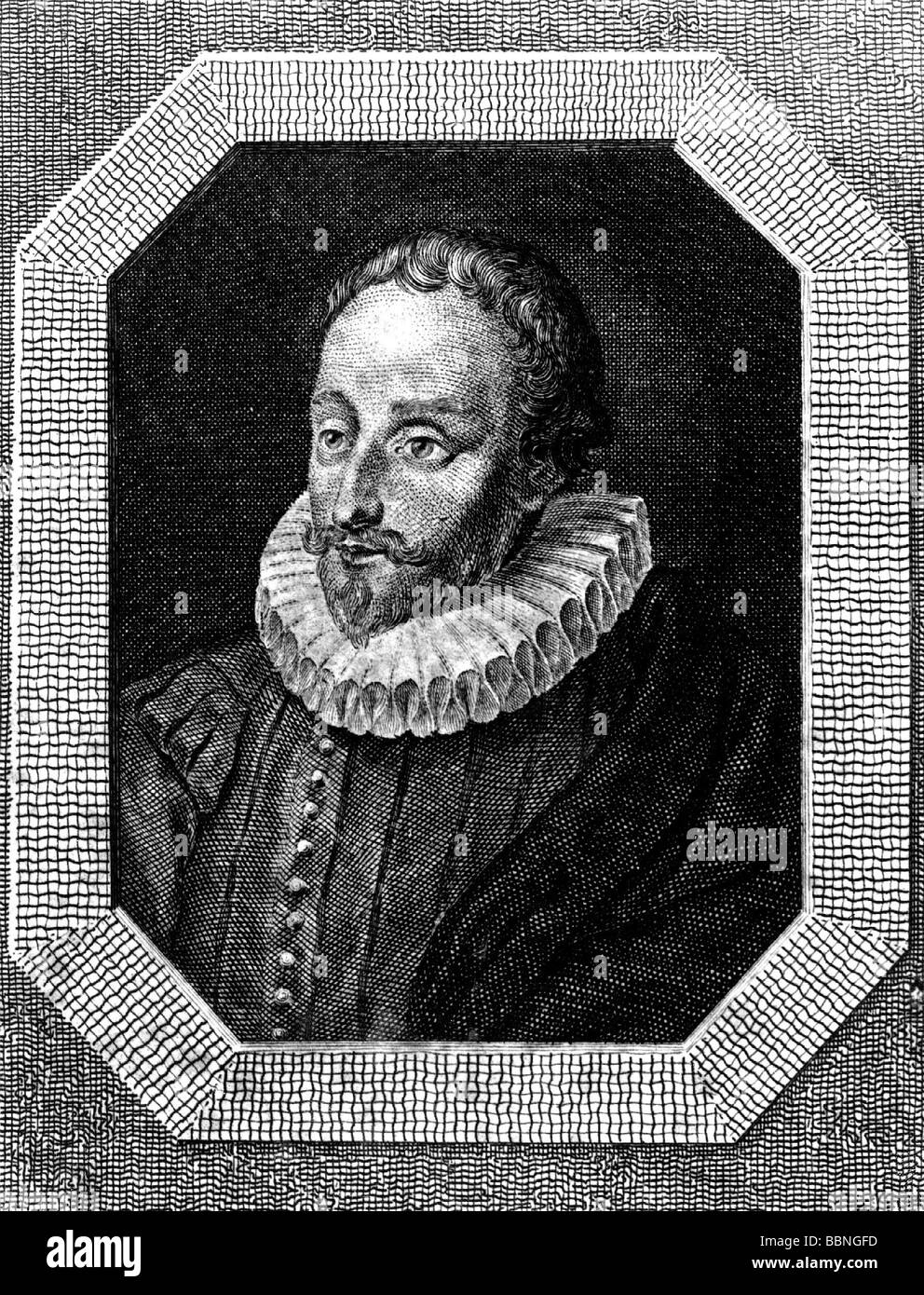 Cervantes, Miguel de, 29.9.1547 - 23.4.1616, Spanish author / writer (poet, novelist), portrait, copper engraving, circa 18th century, Artist's Copyright has not to be cleared Stock Photo