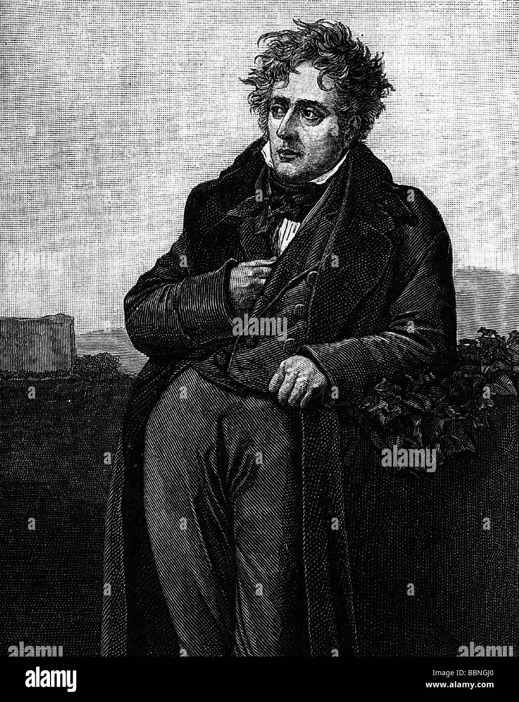 Chateaubriand, Francois Rene de, 4.9.1768 - 4.7.1848, French author / writer and politician, half length, after painting by Girodet-Triosson, wood engraving, 19th century, Stock Photo